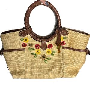 Fossil Tan Straw Tote with Floral Embroidery